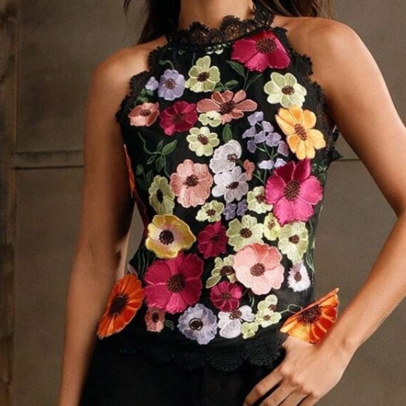 Classic Boho Pastel Floral Applique Scallop Lace Halter Tank Top - Picture 4 of 10